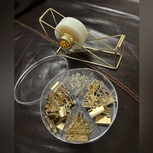 Gold Stationery Set Paper Clips, Push Pins, Binder Clips and Tape Dispenser
